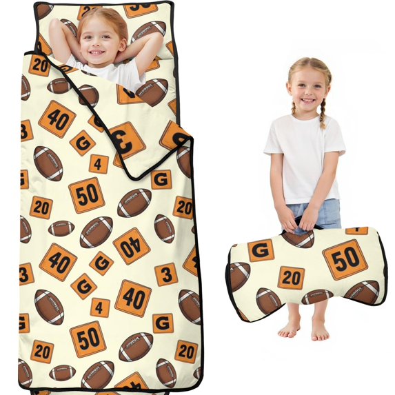 Football Number Beige Pattern Teens Toddler Nap Mat with Pillow, Sleeping Mat Bag for Preschool Daycare 60"x20"