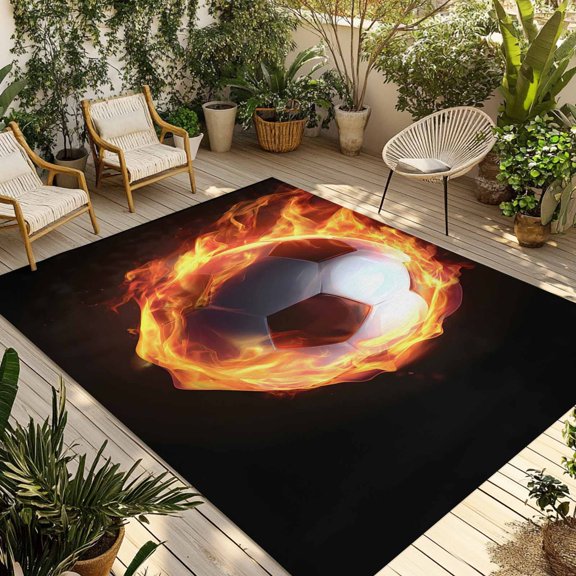 Football Outdoor Rug 4x6 Ft - Reversible Patio Rug Outdoor Camping Rugs, Modern Buruning Flame Sport Black Background Washable Indoor Outdoor Area Rugs, Non-Slip Outdoor Carpet Runner for Deck/Porch