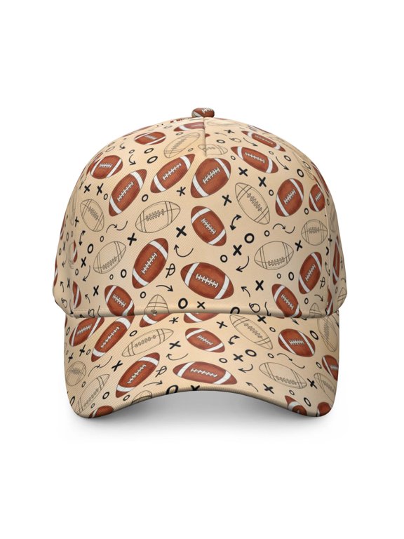 Football Outline Beige Pattern Baseball Cap, Structured Flat Bill Hat with Snap Closure & Sweatband, Lightweight Shape Retaining Gifts for Birthday Christmas Thanksgiving