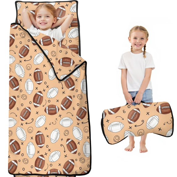 Football Outline Beige Pattern Toddler Nap Mat with Pillow & Blanket, Soft Sleeping Mat for Preschool Daycare Travel Sleepovers