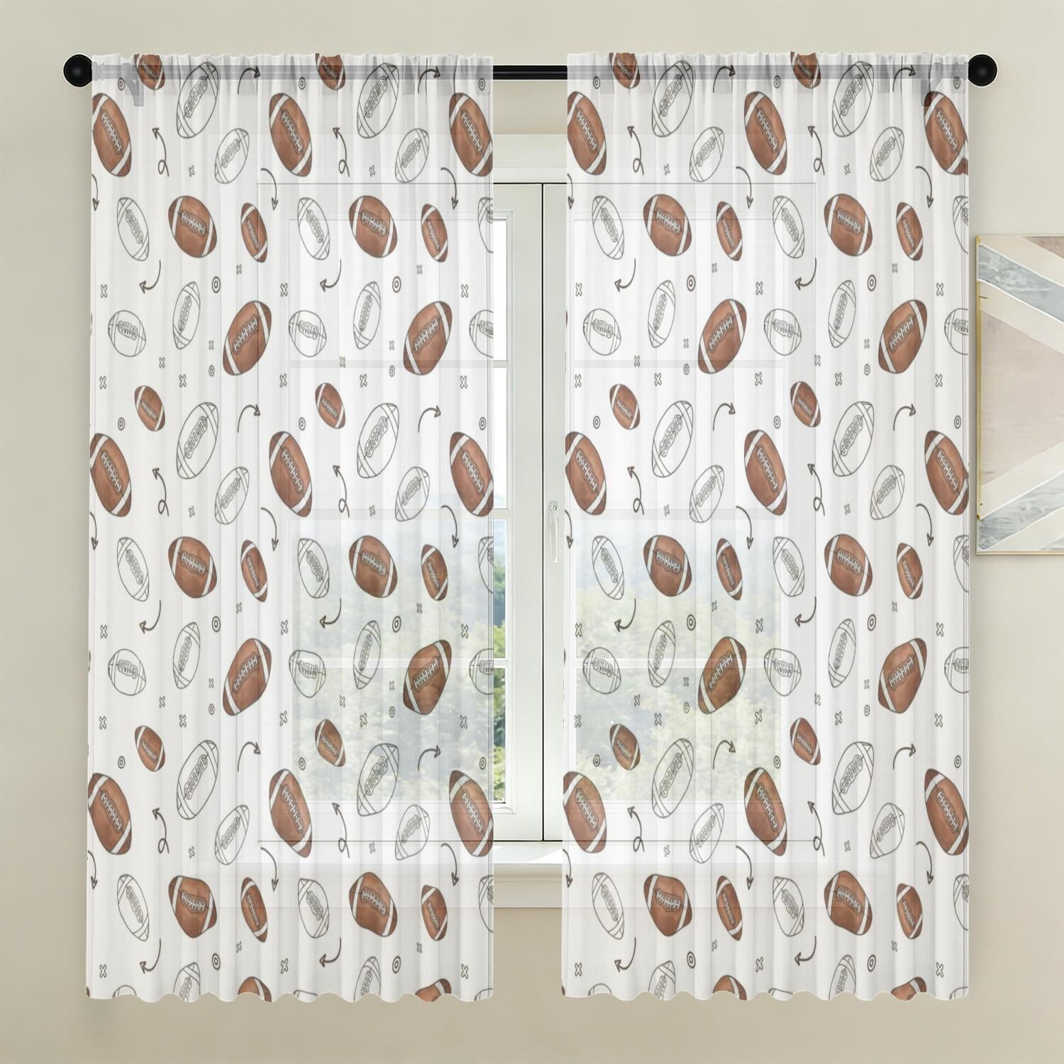 Football Outline White Pattern Sheer Curtains, Voile Drapes with Dual ...