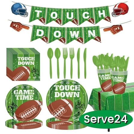 Football Paper Plates Football Party Supplies Disposable Paper Plates Napkins Cups Banner and Tablecloth Football Birthday Party Decorations Design1 Serve 24