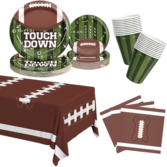 Football Paper Plates and Napkins and Cups Set 101 Count, Heavy Duty 10'' and 7'' Disposable Plates, Paper Cups and Tablecloth, Super Bowl Party Table Decorations Supplies, Serve 25