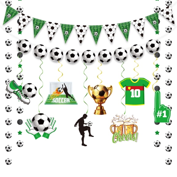 Football Party Decor Kit - Touchdown Go Team Paper Banner, Triangle Flags & Hanging Swirls | Game Day Supplies