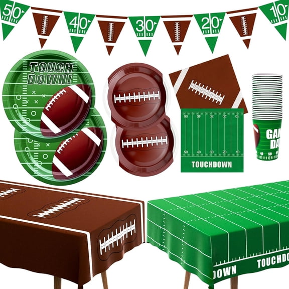 Football Party Decorations Kit for 24 Guests - 99Pcs Tableware with Dinner Plates, Dessert Cups, Napkins, Tablecloth & Banner, Supplies and Favors Birthday, Tailgate, Game Day (Football)