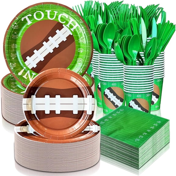 Football Party Decorations, Plates and Napkins Sets Includes Plates Dessert Napkins Cups Plastic Knives Forks Spoons Disposable Dinnerware Set