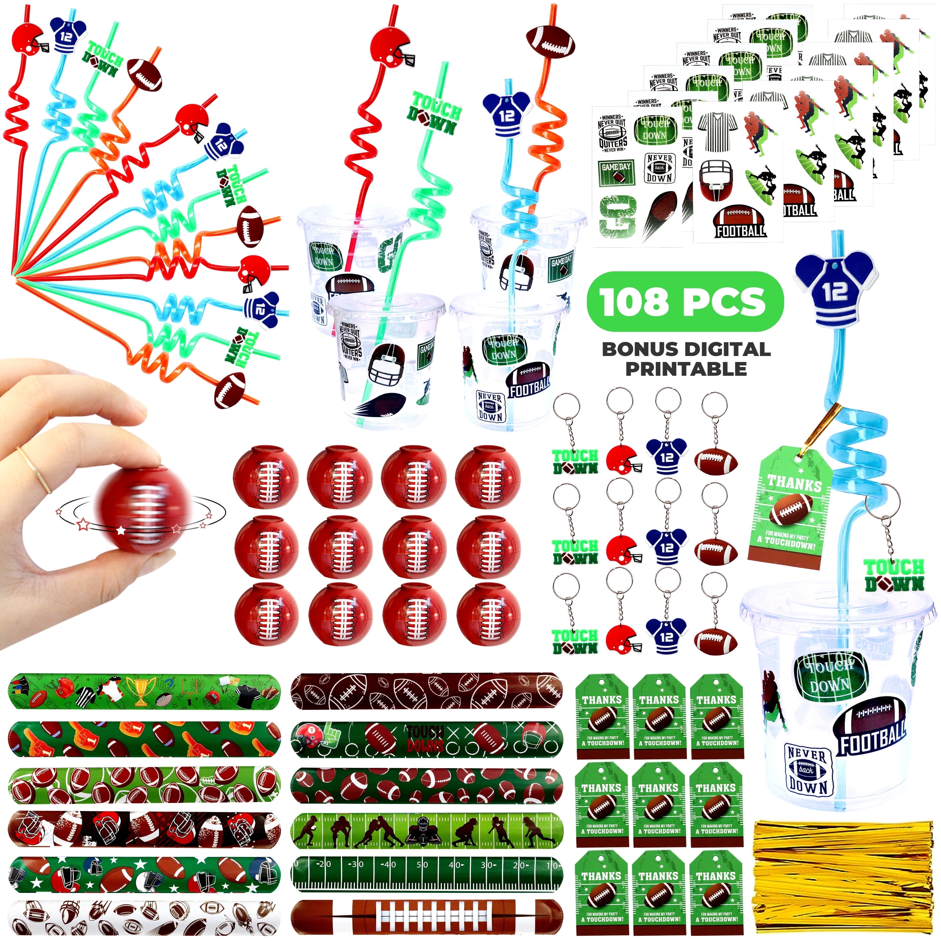 EMPIRE PARTY SUPPLY American Football Theme Party Favors, 108 PCS Football Spinner Slap Bracelet Keychain Stickers