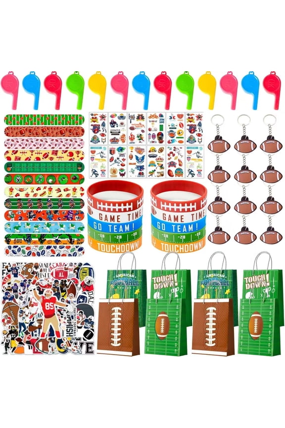 Football Party Favors for Kids,122pcs All-In-One Football Themed Party Favors Set - Football Party Bags, Football Keychains Bracelets Stickers Whistle etc Rugby Party Favors for Football Party Decor