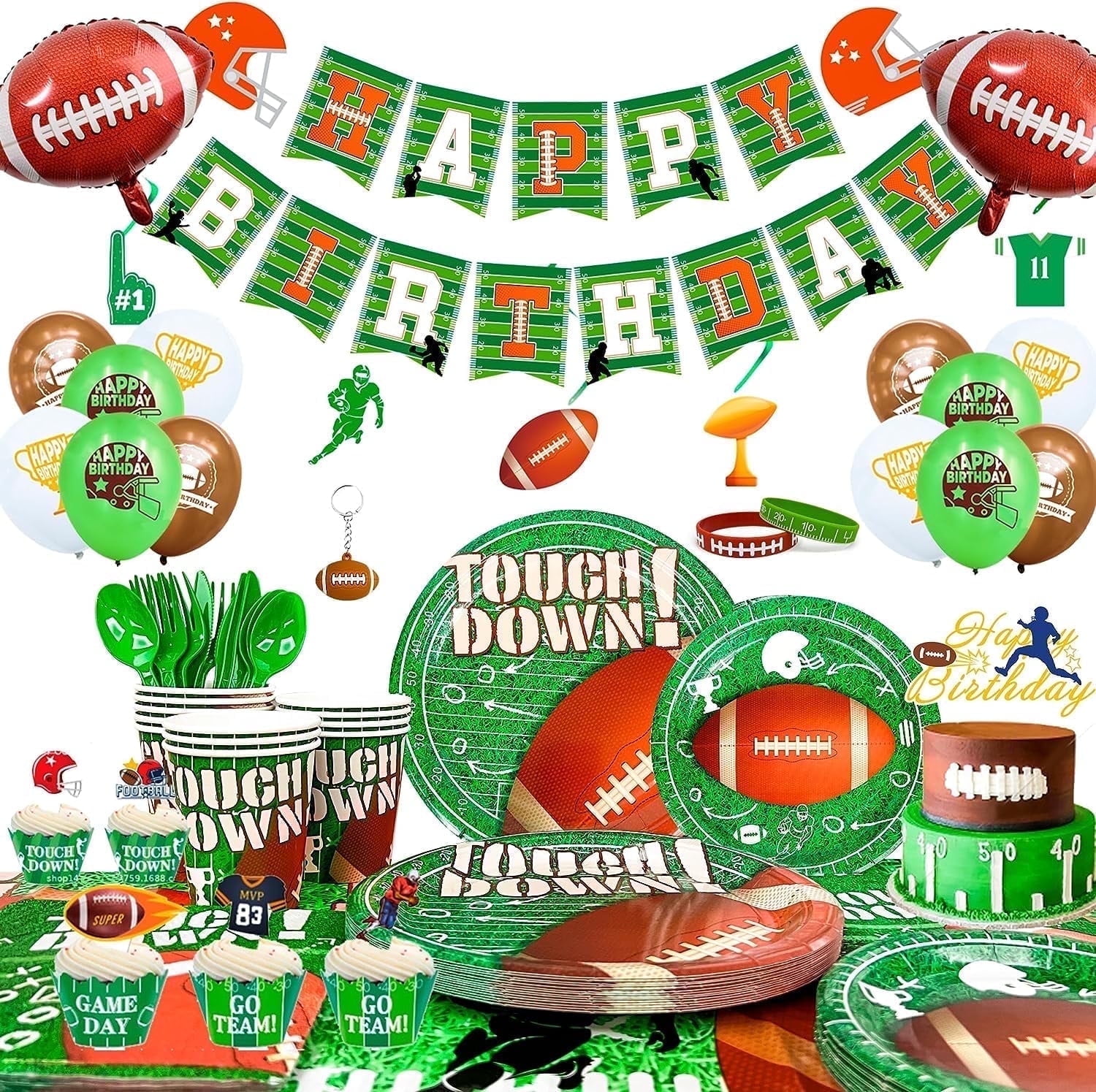 Football Party Supplies-164pcs Football Birthday Party Decorations&Tableware Set Include Football Paper Plates and Napkins Cups Tablecloth Banner Balloons, Football Theme Party Supplies for Game Day