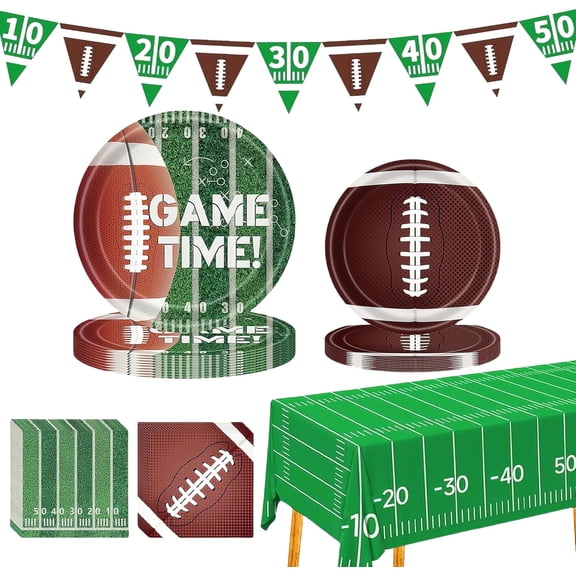Football Party Supplies Kit for 24 Guests - Includes Dinner Plates, Napkins, Touchdown Tablecloth & Banner - Disposable Paper Decorations for Game Day, Birthday, Sports Theme Party