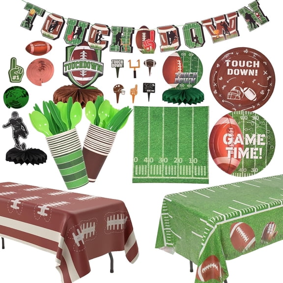 Football Party Supplies Kit Serve159 PCS Football Birthday Decorations Includes Football Tablecloth Plates Napkins Cups Banner and Knife Fork etc Football Touchdown Decor Party Decoration Supplies