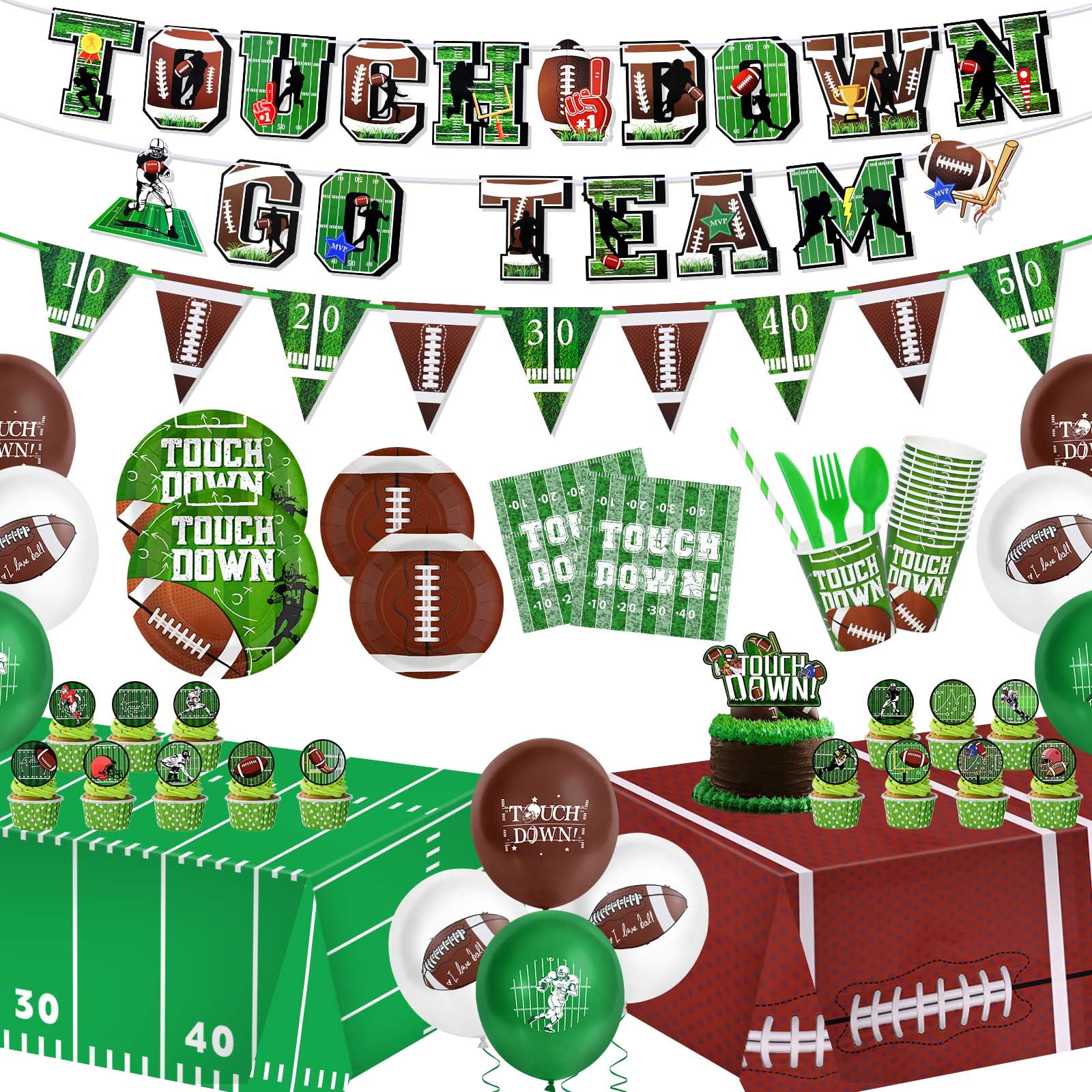 Football Party Supplies Kit Serve 24,Includes Dinner Plates,Dessert Plates,Napkins,Cups,Balloons,Banner and Touchdown Tablecloth Football Birthday and Tailgate Party Decorations