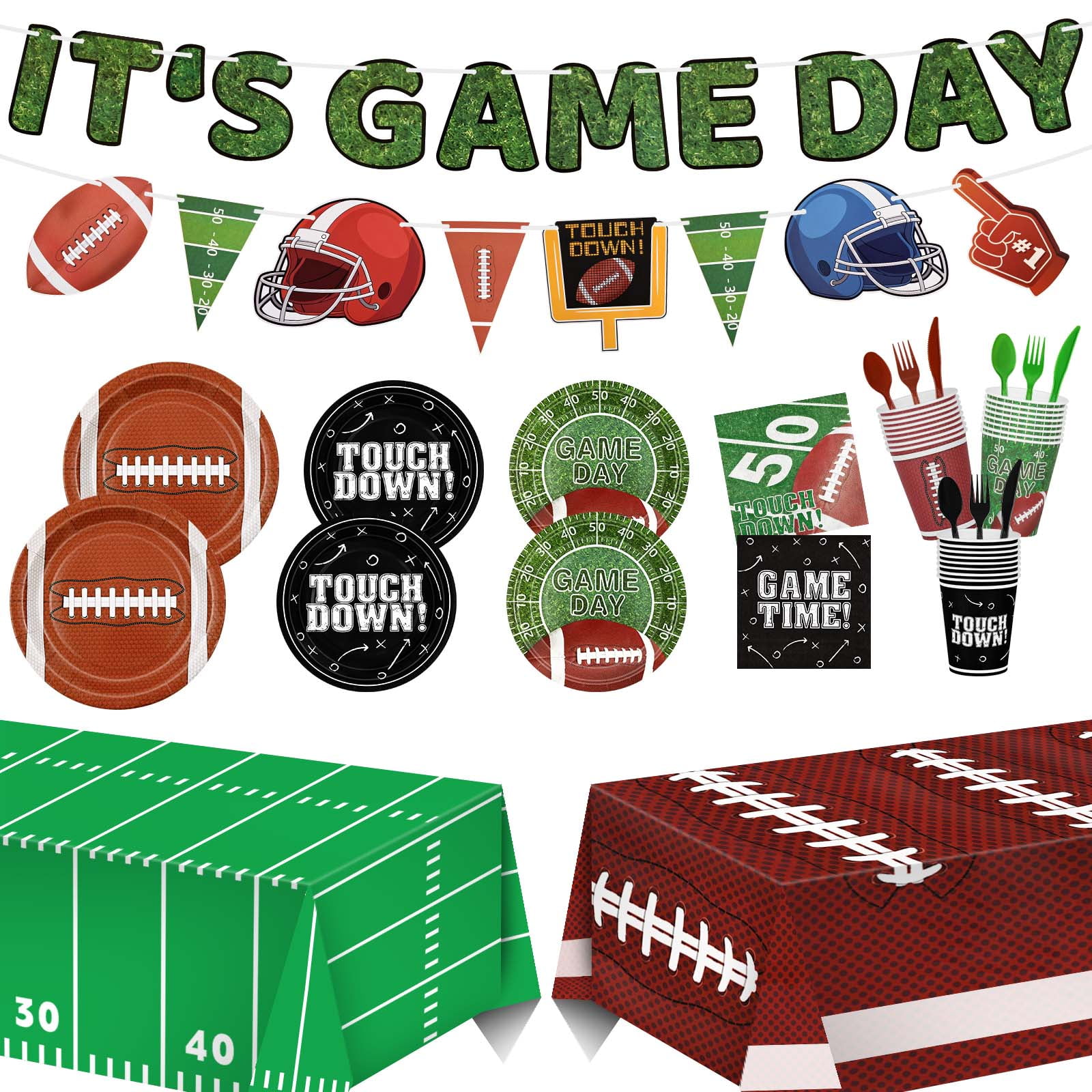 Football Party Supplies Kit Serve 24,Includes Dinner Plates,Dessert Plates,Napkins,Cups,Banner and Touchdown Tablecloth for Football Birthday Party Football Game Day Tailgate Party Decorations