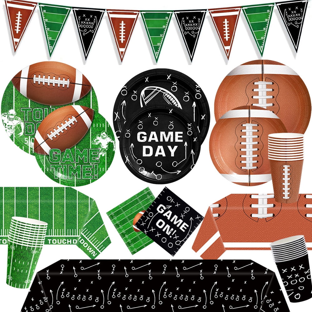 Football Party Supplies Kit Serve 30,Paper Plates,Napkins, Cups,Banner and Disposable Tablecloth Plastic Touchdown Table Cover for Football Birthday Party Decorations Game Day Tailgate Sports Party