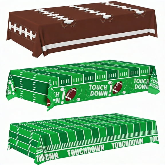 Football Party Tablecloth 3 Pack, 54 x 108 Inch Disposable Plastic Touchdown Table Covers, Green Field and Brown Ball Design for Game Day Birthday Sports Themed Party Decorations