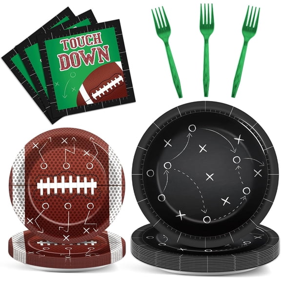 Football Party Tableware Sets Touch Down Themed Sports Decoration Set for Tailgate Party Paper Plates Napkins Forks Disposable Party Supplies Party Decor
