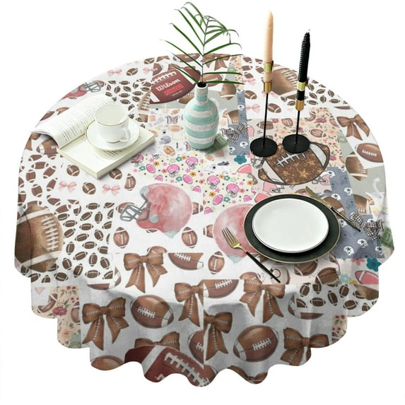 Football Patchwork Pattern Round Tablecloth 60"x60",Wrinkle Wipeable Table Cloth for Kitchen Dining Room Picnic Patio Party