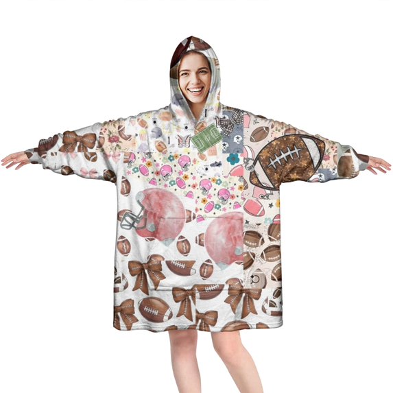Football Patchwork Pattern Wearable Oversized Blanket,Wearable Blanket Hoodie for Adults,Cozy Hooded Blankets with Super Pockets,Super Warm Fuzzy Pullover for Women & Men
