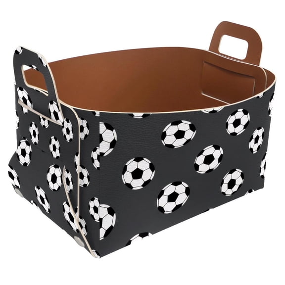 Football Pattern Grey Storage Basket Collapsible Storage Bin, PU Foldable Basket Convenient Box Storage Organizer with Handles for Shelves Office Bedroom Closet Nursery Toys Laundry