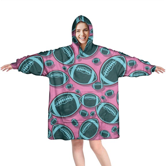 Football Pattern Wearable Oversized Blanket,Wearable Blanket Hoodie for Adults,Cozy Hooded Blankets with Super Pockets,Super Warm Fuzzy Pullover for Women & Men