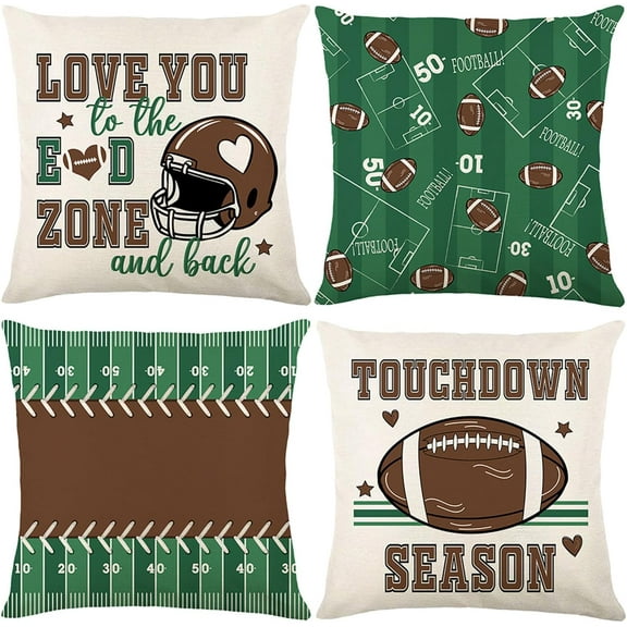 Football Pillow Covers 18x18 Set of 4,Fall Linen Pillow Covers for Couch Bed Livingroom Vintage Football Room Decor for Boys Girls Sports Fans Party Decorations Rugby Gifts