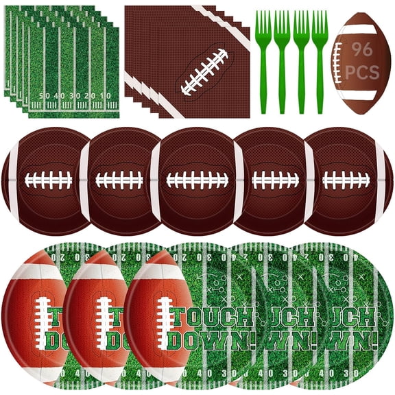 Football Plates and Napkins Forks Sets - Rugby Sports Themed Round Tableware, Disposable Paper Plates Napkins Set for Game Day Tailgate Party Supplies