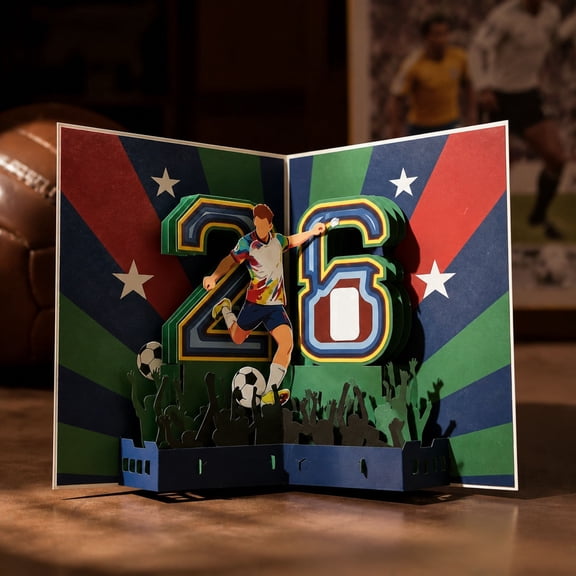 Football Player 3D Popular Birthday Card, Custom Number Sport Greeting Card for Soccer Fan Men Boys Birthday Party Gift