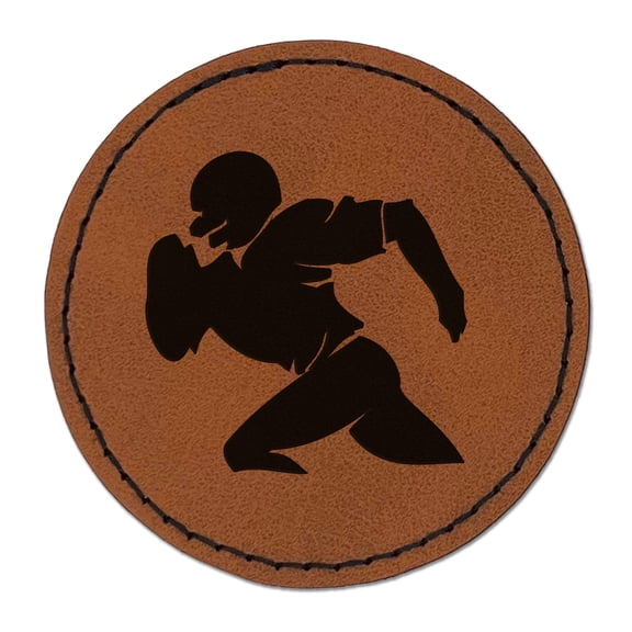 Football Player Running Solid 2.5" Faux Leather Round Engraved Iron-On Patch - Brown
