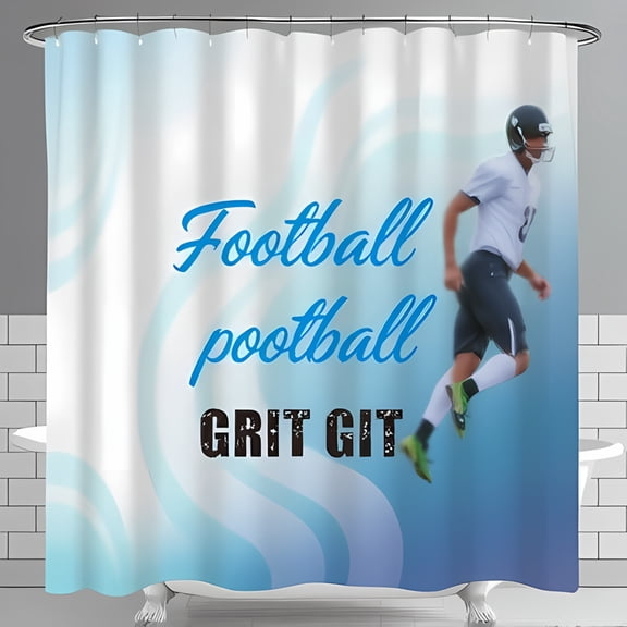 Football Player Shower Curtain with Blurred Motion Design & Playful 'Football pootball GRIT GIT' Text