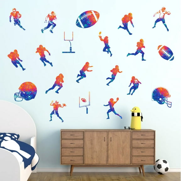 Football Player Wall Decal Football Themes Wall Sticker Art Peel and Stick Sports Vinyl Stickers for Nursery Kid's Room School Living Room TV Background Decoration Murals