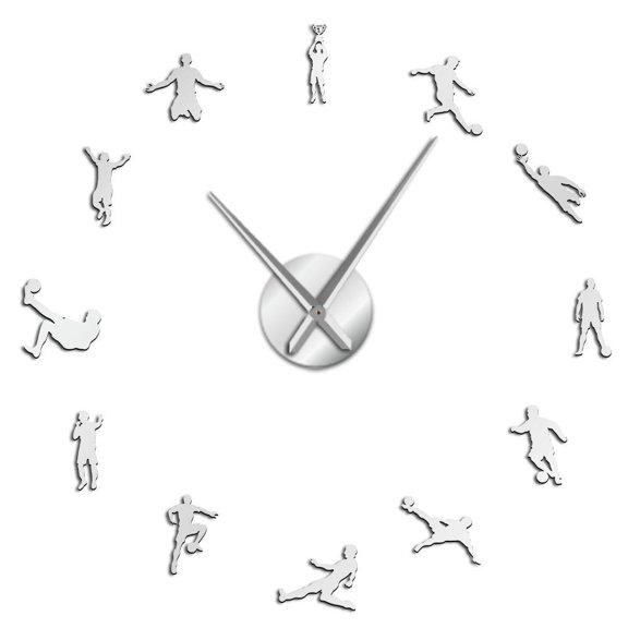 Football Players Contemporary DIY Oversized Wall Clock Soccer Game Large Clock Watch Kids Football Fans Living Room Wall Decor(Silver,27inch)