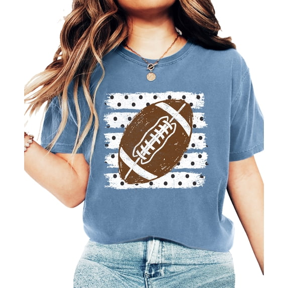 Football Polka Dot Shirt Women Teen Girls Game Day Football Tee, Blue Jean Shirt, M