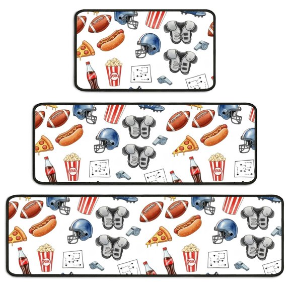 Football Popcorn White Pattern Kitchen Rugs Set Of 3, Non Slip Washable Kitchen Runner Rugs, Decorative Floor Mats for Sink Laundry and Home Use, 17"x30" + 17"x47" + 17"x59"