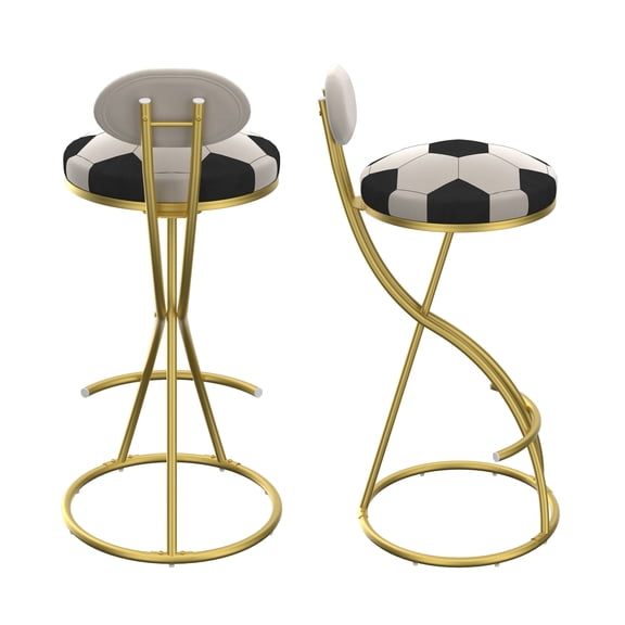 Football Print Bar Stools Set of 2 Upholstered Counter Height Barstool for Kitchen Island S-shaped Velvet Metal Dining Chairs (Gold Frame & Creamy White Back)