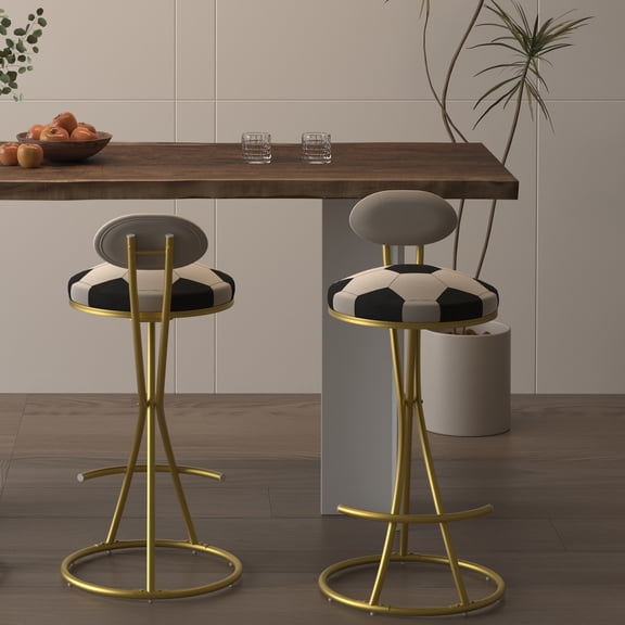 Football Print Bar Stools Set of 2 Upholstered Counter Height Barstool for Kitchen Island S-shaped Velvet Metal Dining Chairs (Gold Frame)