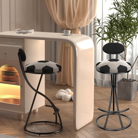 Round Upholstered Velvet Bar Stools Football Print Kitchen Chairs- Set of 2, Black