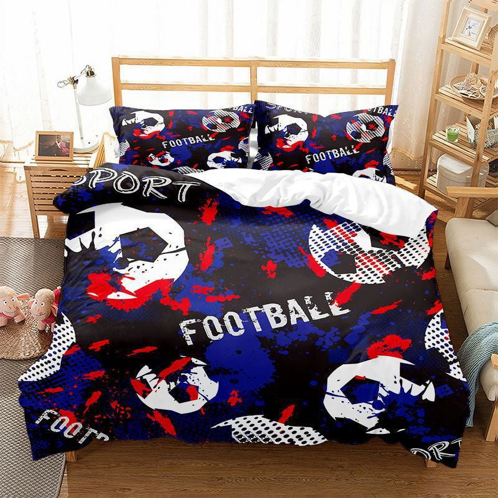 Football Print Bedding Set Boys Black White Soccer Ball Comforter Set ...