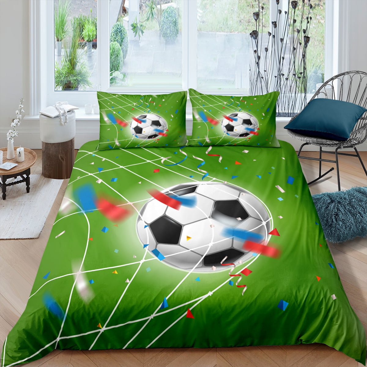 Football Print Bedding Set Boys Black White Soccer Ball Comforter Set