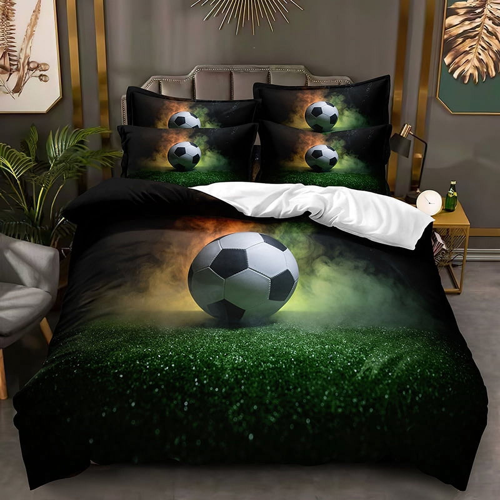 Football Print Bedding Set Boys Black White Soccer Ball Comforter Set