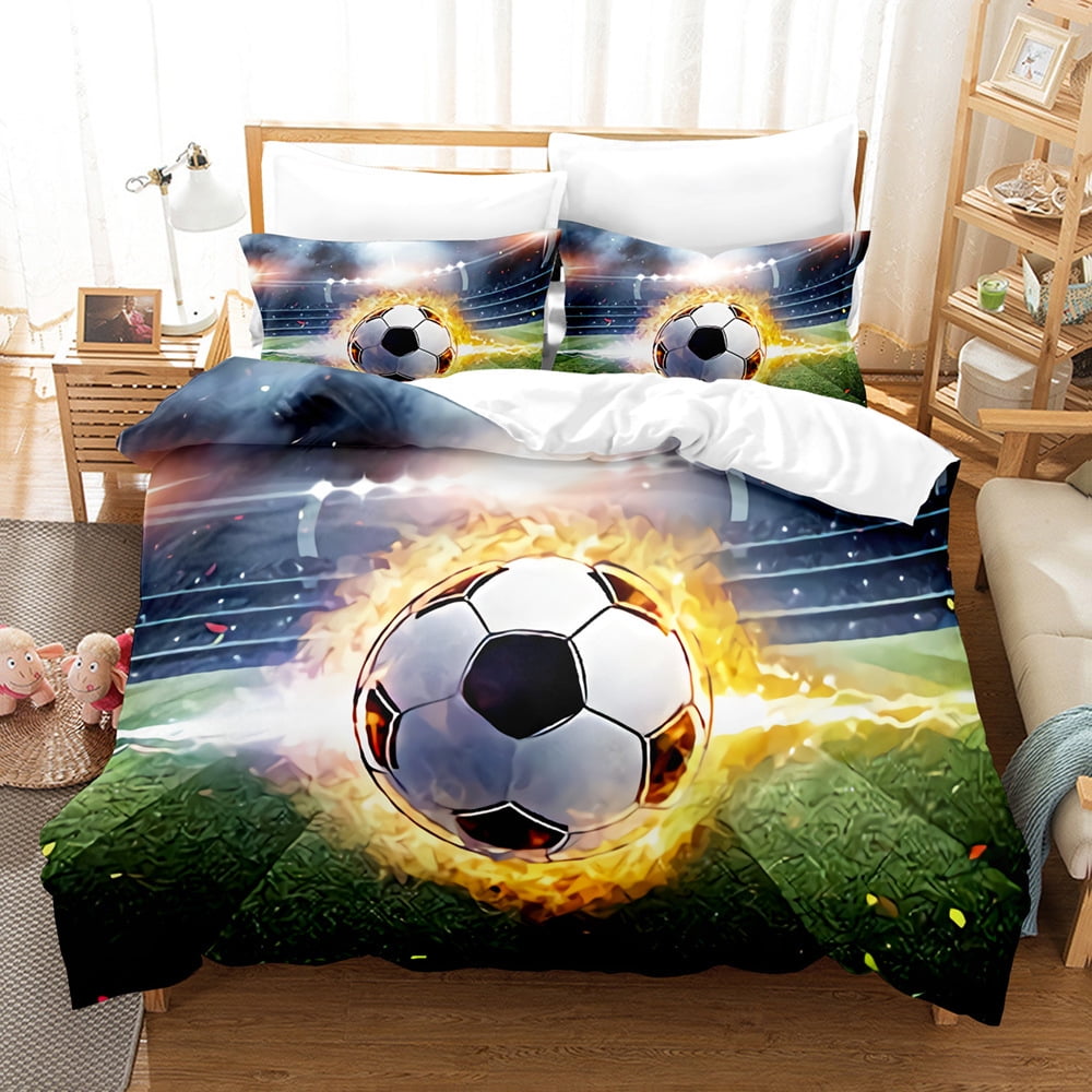 Football Print Bedding Set Boys Black White Soccer Ball Comforter Set ...