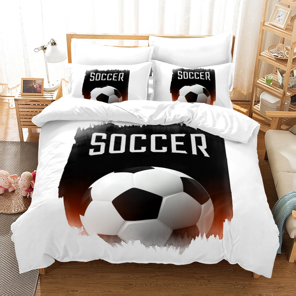 Football Print Bedding Set Boys Black White Soccer Ball Comforter Set
