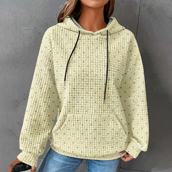 Football Print Waffle Hoodie for Women,Hoodies for Women Solid Color Waffle Casual Crewneck Sweatshirts Drawstring Pullover Hoodie with Pockets Fall Fashion 2024