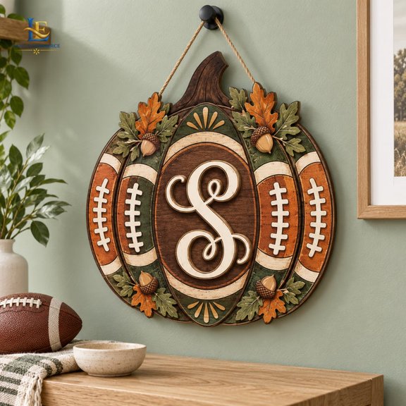 Football Pumpkin Door Hanger Autumn Leaf Monogram Wooden Porch Decor for Fall Home