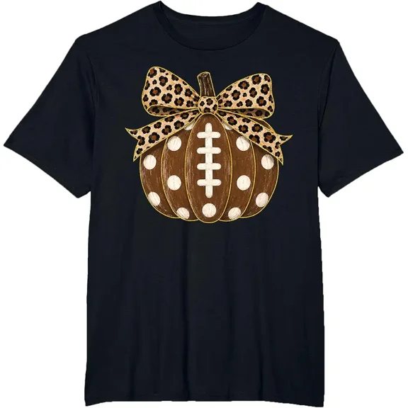 Football Pumpkin Leopard Bow Fall Game Day High School T-Shirt