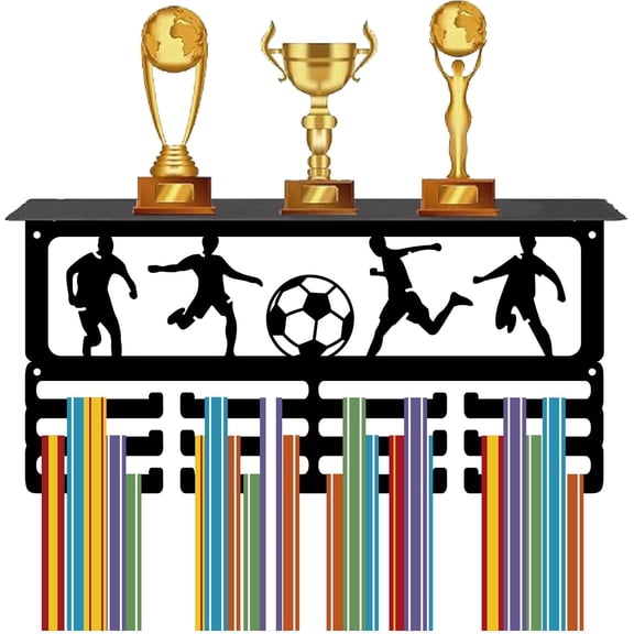 Football Race Medal Awards Rack Medal Display Stands Trophy Shelf Soccer Metal Medal Holder Iron Hanger Hooks Wall Mount Ribbon Badge Exhibition Rack for Competition Medalist 7.9x15.7in Mixed Color