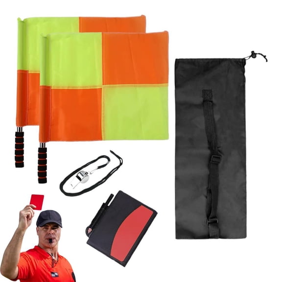 Football Referee Kit with Linesman Flags Professional Ref Cards, Bag Steel Storage Whistle, and Score Notebook