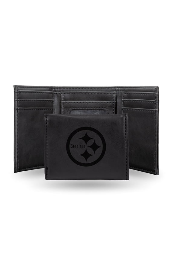 Football Rico Industries Pittsburgh  Black Laser Engraved Trifold Laser Engraved Tri-Fold Wallet - Men's Accessory