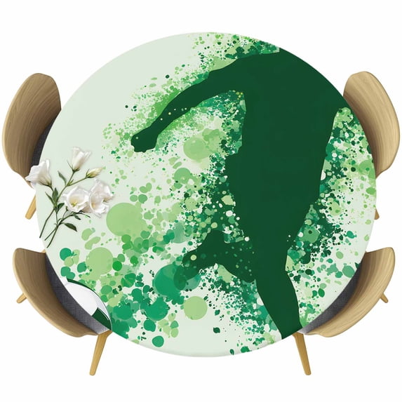 Football Round Tablecloth 55-60 Inch Round Fitted Table Cloth with Elastic Edge, Green Player Silhouette Soccer Sports Waterproof Table Cover Protector for Outdoor Picnic Party Dining