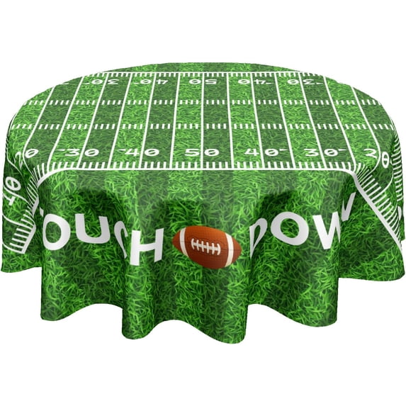 Football Round Tablecloth 60 Inch Rugby Football Pattern Circle Table Cloth Green Table Cover Washable Polyester Indoor Decorations for Home Kitchen Dinning Party