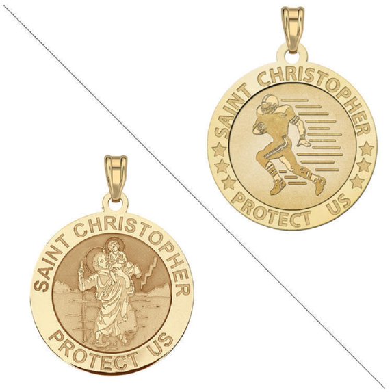 Football - Saint Christopher Doubledside Sports Religious Medal 3/4 Inch Solid 14K Yellow Gold
